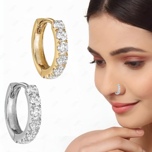 Image of VAMA FASHIONS Silver Gold Rosegold Crystal Stone Piercing Ring Nose Pin Pierced Hole Type Nosepin for Women & Girls