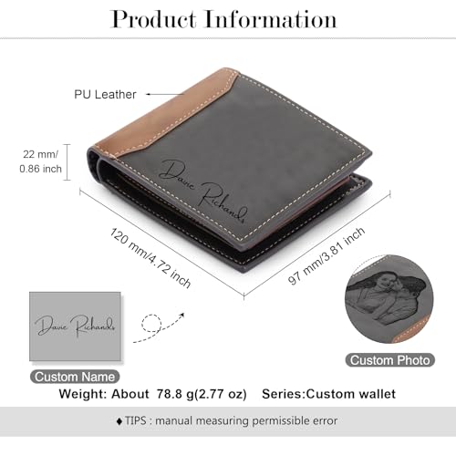 Custom Wallets with Picture for Men Personalized PU Leather Wallet with Photo Name Slim Billfold Engraved Wallet for Dad Grandpa Husband Fathers Day Christmas Gifts (Grey)2