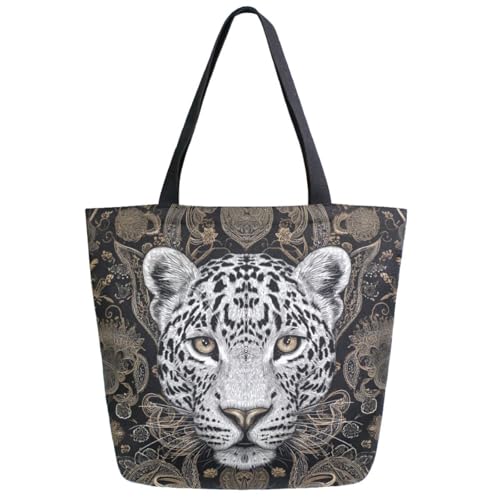 Ethnic Leopard Exotic Style Extra Large Canvas Gym Shoulder Tote,Durable Daily Reusable Top Handle Bag for Mens Womens Yoga Weekender Picnic Beach Travel Market Shopping