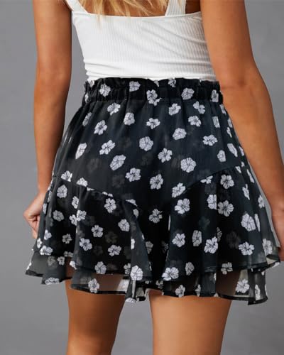 Aoudery Flowy Shorts for Women Casual Boho Floral Skorts Ruffle Mini Skirts Running Tennis Butterfly Chiffon Shorts- Floral White XL - Thumbnail 2