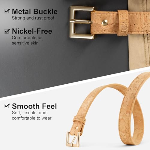 Women's Slim Belt 1" – Cork Strap with Gold or Silver Nickel-Free Buckle, Vegan, Lightweight, Eco-Conscious3
