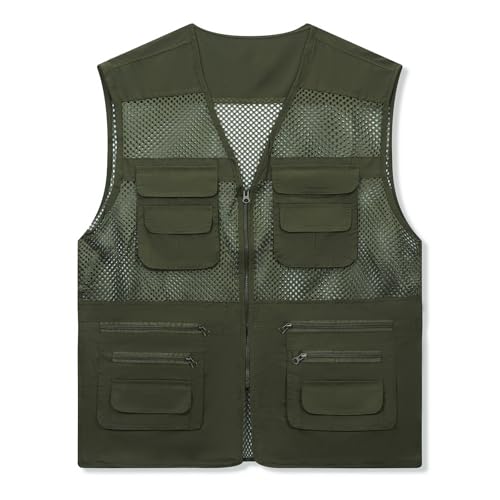 Wirltte Mens Fishing Vests Gilet Lightweight Outdoor Work Cargo Mesh Jacket With Multi Pockets Army Green L