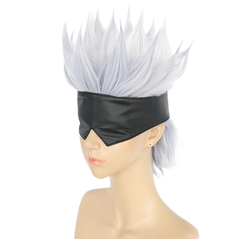 Condition photo showing New/Like New for bestbel+hair cap+black blindfold short wavy light purple mix silver wig for anime cosplay for halloween mens cosplay outfit for costume party