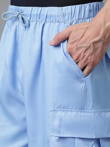 Image of KOTTY Men's Solid Mid Rise Utility Pocket Button Willow Blue Regular Cargo