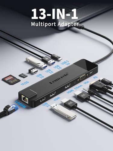 Image of Lemorele 13 in 1 USB C Docking Station Dual Monitor,Laptop Dock USB C Hub Multiport Adapter Triple Monitor to 2HDMI 4K,RJ45,VGA,4 USB 3.0,PD,SD /TF,3.5MM for Lenovo,Surface,MacBook Laptops