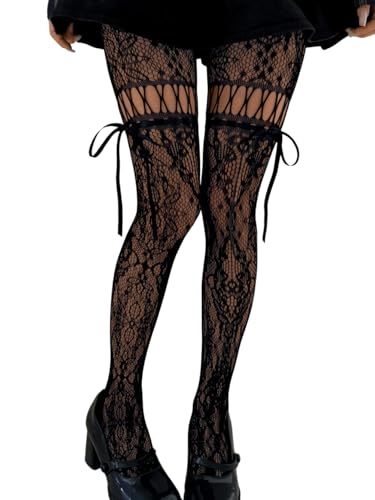 ShawGobow Lace Tights With Bows Cute Floral Patterned Stockings For Women Halloween Costume Sexy Goth Fishnets Black