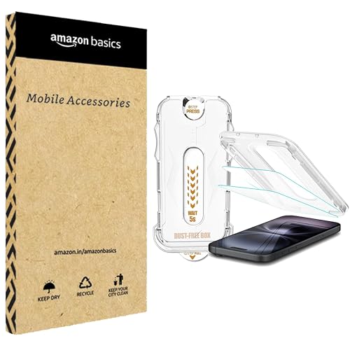 Image of amazon basics [Auto Align Quick Fix Tempered Glass Screen Protector for iPhone 17 Pro Full Screen Coverage Edge to Edge 9H HD Glass with Easy Installation Kit. Clear