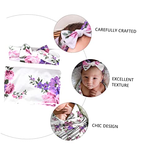 Toyvian 1 Set/2 Stks Haarband Wrap Set Baby Hoofdbanden Newborn Headband Baby Set Newborn Inbakeren En Hoofdband Nerborn Bowknot Tulband Stropdas Baby Inbakeren Wrap Polyester Violet Baby - Afbeelding 4