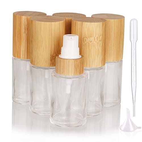 COSIDEA 6 pcs Empty 1oz / 30ml bamboo lids clear glass bottle with lotion pump dispenser, refillable emulsion cosmetic cream bottles, toiletries refill travel container