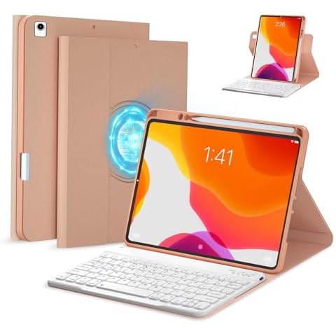 BOBOLEE Case Keyboard 9th Generation for iPad 10.2 inch - 8th Gen. - 7th Gen. - Pro 10.5" Air 3rd, Wireless Detachable Keyboard, Adjustable Vertical Horizontal Rotatable Clear Cover, RG Cover