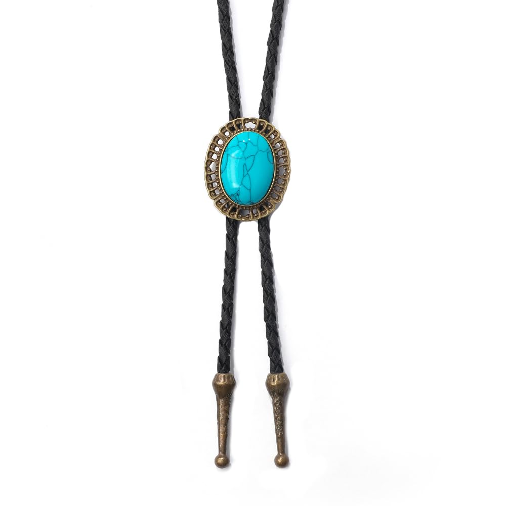 Hoeacxy Men's Hbl008-Blue Turquoise-Gold Bolo Tie Native American Cowboy Retro Bull Longhorn Bola Ties Handmade Necktie Costume Accessories, Common