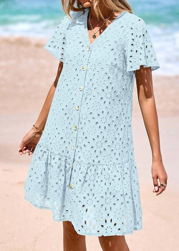 Image of KIRUNDO Eyelet Dresses for Women Button Down Mini Babydoll