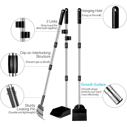 Image of TNELTUEB Dog Pooper Scooper Set, 3 Pack Adjustable 49.1 Inches Long Handle Metal Tray, Rake and Spade Poop Scoop for Waste Removal, No Bending Clean Up for Large and Small Dog