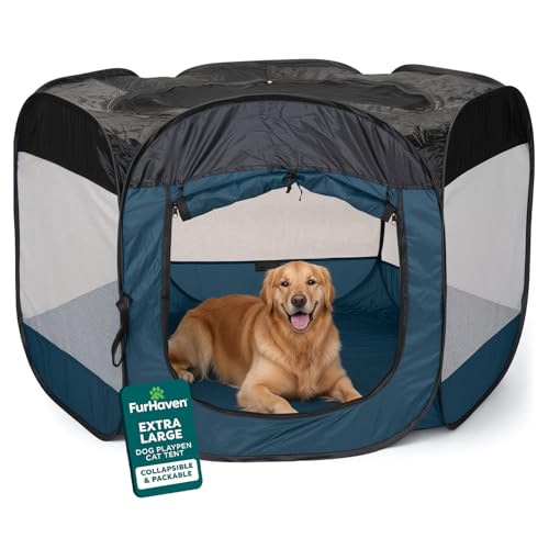 Image of FurHaven Soft-Sided Dog & Cat Playpen, Portable Foldable Indoor & Outdoor Pet Playpen with Mesh Windows & Zippered Door, Sailor Blue, Extra Large
