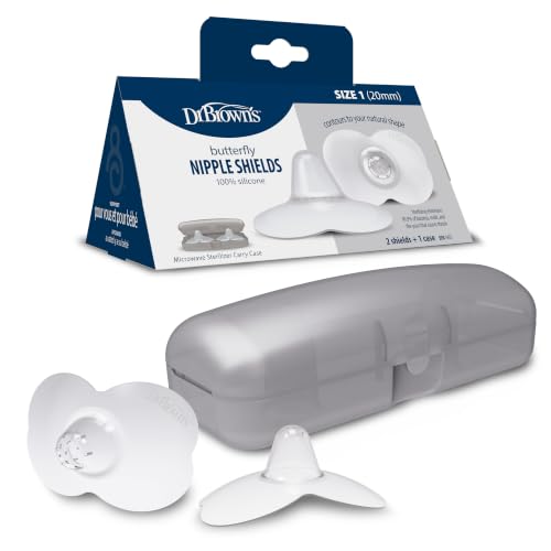 Image of Dr. Brown's Butterfly Breastfeeding Nipple Shields for Protecting Sore, Flat or Inverted Nipples, Essential for Latching Difficulties with Microwave Sterilizer Carrying Case, 20mm