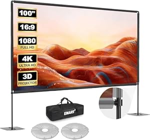 Beamer Leinwand mit Ständer 100 Zoll, EMART Tragbare 16:9 HD 4K Faltbar Indoor Outdoor Projektor Leinwand mit Tragetasche und Robuster Basis, Projector Screen für den Garten, Partys und Heimkino