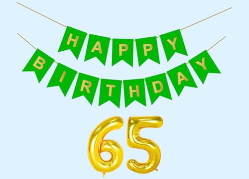 Image of 65th Happy Birthday Decoration Kit Green for 65 year Old Men Women with Number Sixty-fiveParty Decorations Decor Celebration Items Item Set Combo Reusable Paper Banner