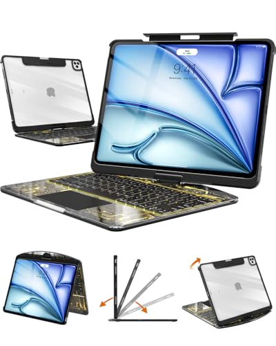 Image of Clear Keyboard Case for iPad Air 13 Inch (M4 /M3 /M2, 2026 /2025 /2024) & iPad Pro 12.9 Inch (6th /5th /4th /3rd Gen), 7-Color Backlit Keyboard with Touchpad, 360 Rotating Stand, Pencil Holder, Black