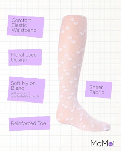 MeMoi Sweet Blossoms Sheer Tights for Girls, Ultra Soft and Lightweight Floral Lace Girls Tights - Sizes 2-143