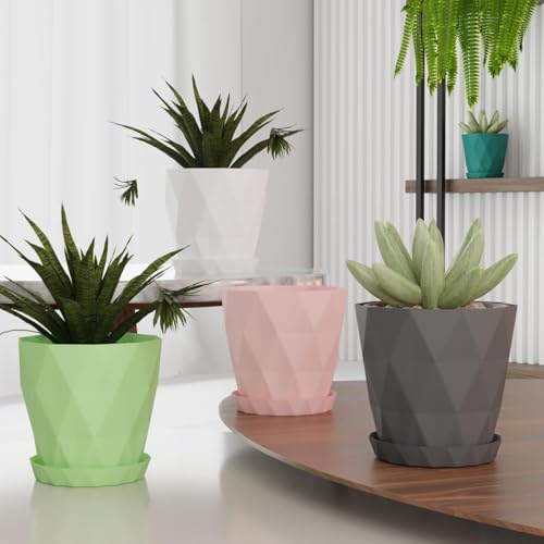 Image of OCRETA Set of 5 | 6.5 Inch Flower Pots for Home Decoration, Garden Plants, Indoor Use - Big Plastic Planters (Elegant Grey)