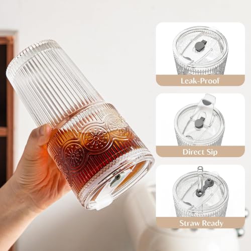 Image of INSETLAN 20 oz Ribbed & Floral Glass Tumbler with Straw, Set of 6 Cups | Iced Coffee Cups with Lids, Reusable Drinking Glasses for Water, Smoothies, Tea, and Juice - Ideal for Travel & Daily Use