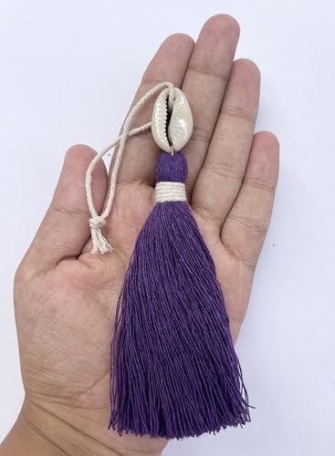 Image of Zippy Flora Handmade Cotton Tassels with Cowrie Shells for DIY & Crafts Project, Pack of 10 (Dark Purple)