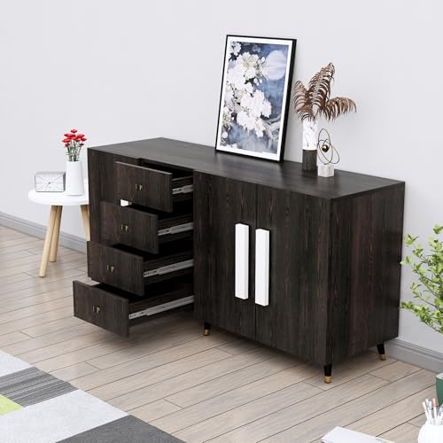 Image of Bniture Storage Cabinet Wooden for Living Room Sideboard with 4 Drawer and 3 Door | Multipurpose Storage Organizer Chest of Drawer Cabinet for Home Hallway Drawing Room Bedroom Kitchen | Flower Wenge