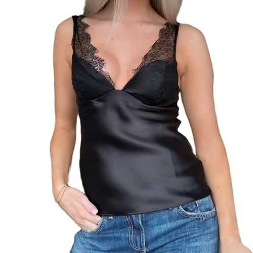 Satin Tops for Women Sexy V Neck Sleeveless Lace Trim Y2k Silk Crop Camisole Summer Going Out Tops (Black, M) by Sllyavvone - Used condition - US$13.35