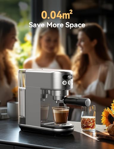 Image of Neretva Espresso Machine 20 Bar, Super Compact Espresso Maker Stainless Steel Professional Coffee Machine Espresso with Power Steam & LED Display for Home Barista Latte and Cappuccino Maker-Silver