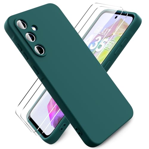Ikziwreo - Funda para Samsung Galaxy A35 5G, con 2 Pack Protector de Pantalla de Vidrio Templado, Carcasa de Silicona Suave Ultrafina, Case de Goma a Prueba de Choques a los Arañazos - Verde Noche