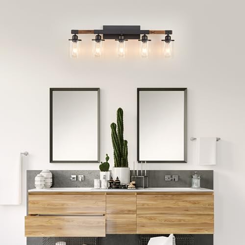 Image of 5-Light Bathroom Vanity Light Fixtures, Farmhouse Vanity Lights for Bathroom, Rustic Industrial Vintage Black Wood Wall Sconce Over Mirror with Clear Glass Shade