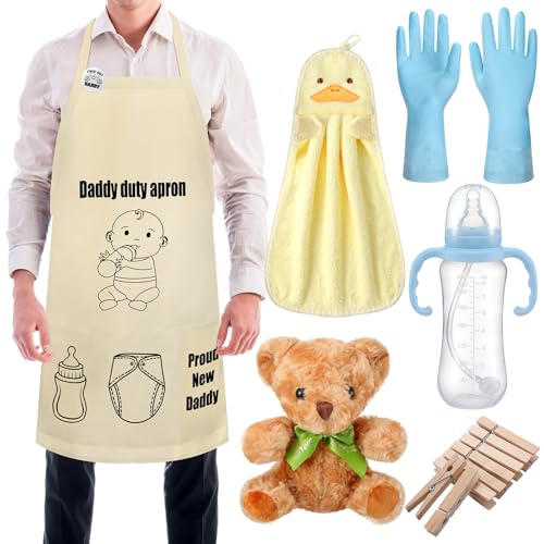 Cotwinter 7 Pcs Daddy Duty Apron for New Dad Funny Diaper Apron for Baby Shower First Daddy to Be Father's Day Gift(Beige,Classic)