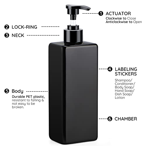 Image of Segbeauty Black Shower Refillable Dispenser, 4 Pack of 16.9oz Plastic Pump Press Bottles, 500ml Empty Bathroom Soap Dispenser with Labels for Shampoo Conditioner Body Soap Lotion Hand Wash Dish Soap