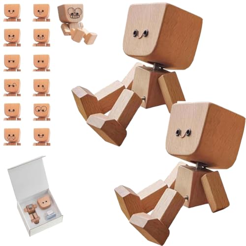 Shaking Wooden Man Figurine, Wooden Shaking Figure Man That Sways, Shaking Feet Woodens Men for Car Dashboard, with 12pcs Magnetic Expressions Creative Desktop Decor (2 PC)