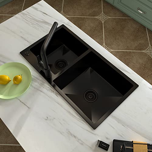 Lifezcime 30.7*16.9*8.5"Drop In Black Kitchen Sink, Undermount 60/40 Double Bowls,11 Gauge 304 Stainless Steel Top Mount Kitchen Sink Basin Withbasket Strainer, Tight Radius Brushed, 1 Faucet Hole #TOP3