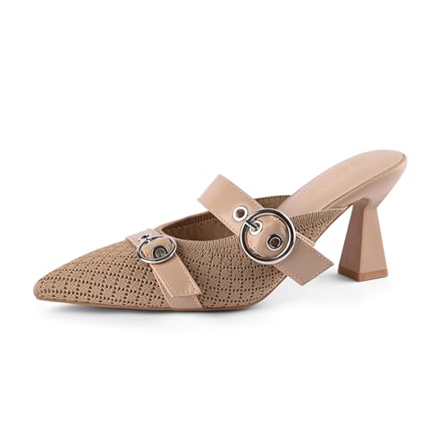 Kitten Heels Pumps for Women Closed Pointed Toe Knit Heeled Sandals Two Buckle Strap Slip-on Mule Sandal Dress Shoes Comfortable