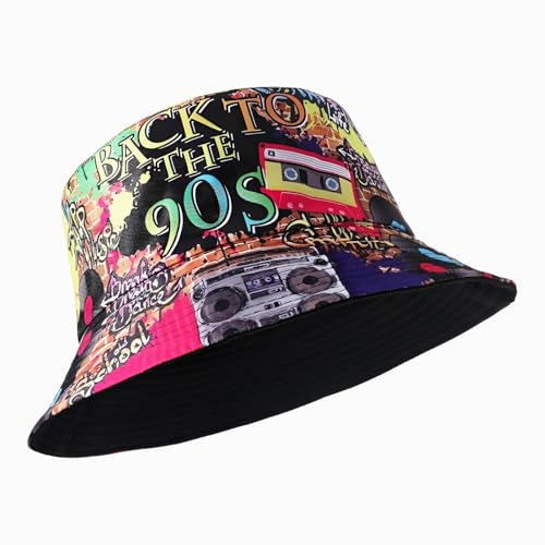 Halinuia Retro 90er Fischerhüte Hip Hop Bucket Hat Rock Scrawl Fischerhut Modische Bucket Hat Anglerhut Sonnenhut Faltbar 90er Style Fishing Hut für Frauen Männer (1 Rot)