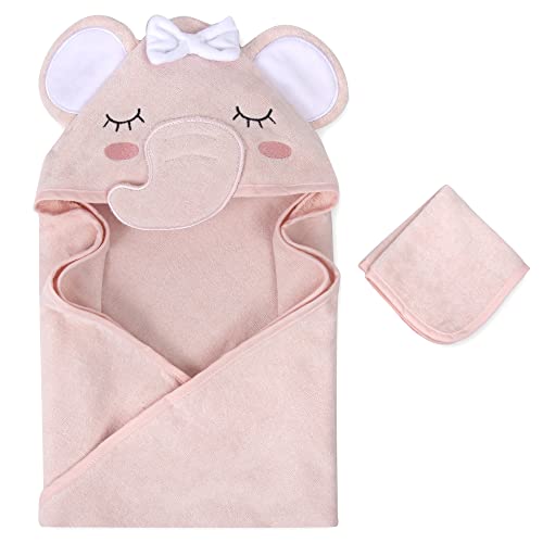 Image of Baby Animal Hooded Towel and Washcloth Set for Newborns, Infants, Toddlers Boys and Girls 3-24 Months (Delicate Pink Elephant)