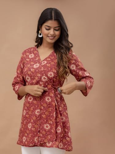 Image of feranoid Floral Print Angrakha 3 Sleeves Flared Kurti