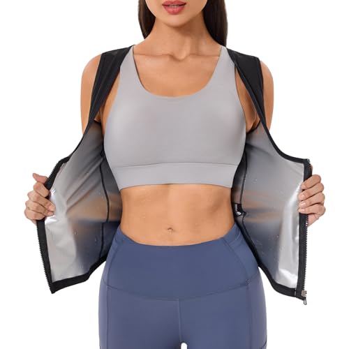 Meiosuns Sauna Suit for Women Weight Loss Sweat Vest Waist Trainer Workout Sleeveless Sauna Shirt Tummy Control Compression Tank Top with Zipper Gym Slimming Fitness Body Shaper Jacket (Silvery XL)