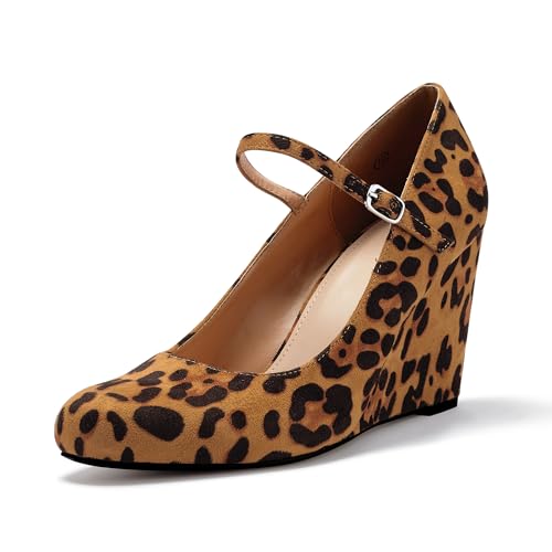 Image of Coutgo Womens Wedge Pumps Dressy Mary Jane Shoes Comfort Wedges Closed Toe Ankle Strap Heeled Shoes