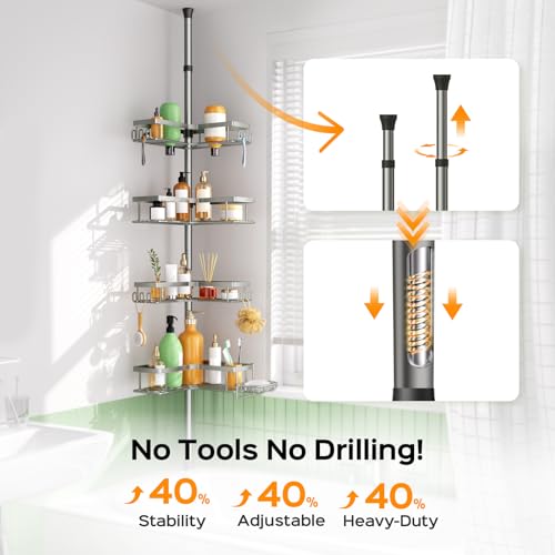 Image of HAMITOR Shower Organizer Tension Pole: 4 Tier L-Shaped Corner Bath Shelf | Rustproof Corner Caddy with Soap Holder & Hooks, No-drill Adjustable Bathroom Rack for Apartment, Small Spaces, 47-123In
