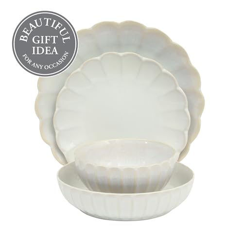 Image of Gibson Elite Malibu Shore 16 Piece Scallop Stoneware Reactive Glaze (Service for 4) Ceramic Plates and Bowls Dinnerware Set - Shiny Cream White