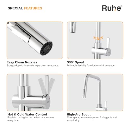 Image of Ruhe Opulo Dual Flow Pull-out Kitchen Mixer Faucet - Chrome | 360 Swivel | Hot & Cold Water Faucet | Single Lever Tap | Table Mounted Kitchen Sink Tap