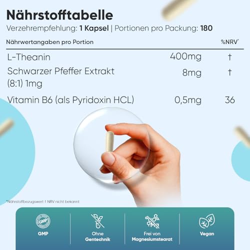 L Theanin, 408 mg je Kapseln - 180 Vegane Kapseln - 6 Monate Vorrat - Mit Schwarzer Pfeffer Extrakt & Vitamin B6 - L-Theanine aus Camellia Sinensis - Täglich 1 pro Tag - Glutenfrei - WeightWorld