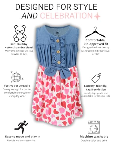 Image of Unique Baby Girls Sleeveless Denim Dress with Knot Tie and Fun Print for Toddler and Big Kids