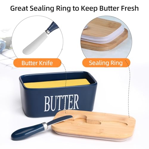 Image of Ceramic Butter Dish with Wooden Lid and Stainless Steel Knife, Large Butter Container Keeper with Bamboo Cover and Silicone Sealing Ring for West and East Coast Butter (Blue)