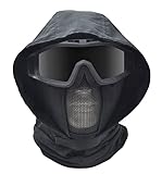 JFFCESTORE Ear Protection Foldable Half Face Airsoft Mesh Mask with Goggles and Headgear Hoods Protective Paintball Headgear Mask Tactical Lower Face Protective Mask BK