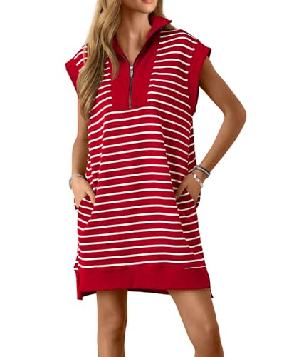 Image of Wenrine Womens Striped Mini Dress Casual Zipper Cap Sleeve Collared V Neck Loose Knit Summer Dresses