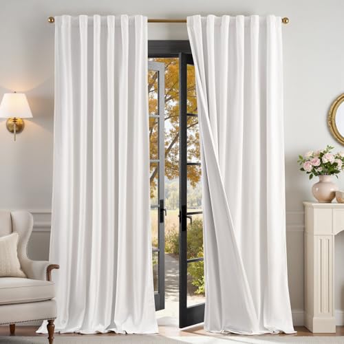 Image of Blackout White Velvet Curtains Neutral Back Tab 52x96 Inch 2 Panels | Soft, Light Filtering, For Bedroom & Living Room, Light Shifting Texture, Elegant Drape, Fresh Ambiance, Smooth Glide